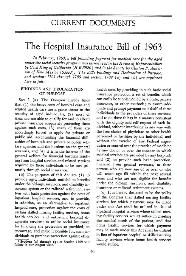 First page of The Hospital Insurance Bill of 1963