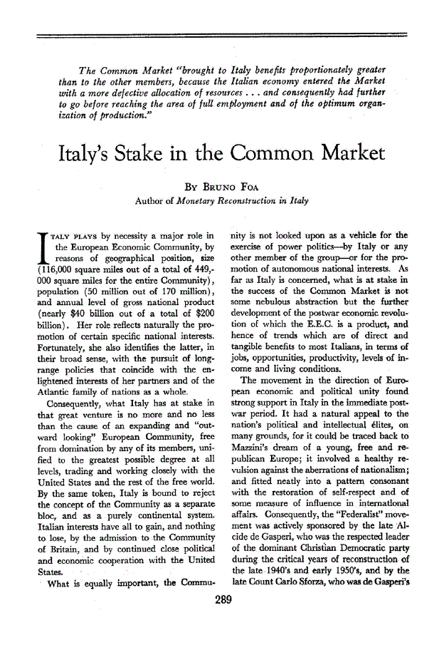 First page of Italy’s Stake in the Common Market