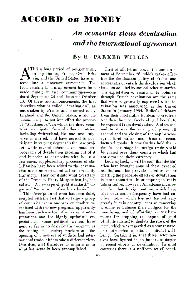 First page of Accord on Money An economist views devaluation and the international agreement