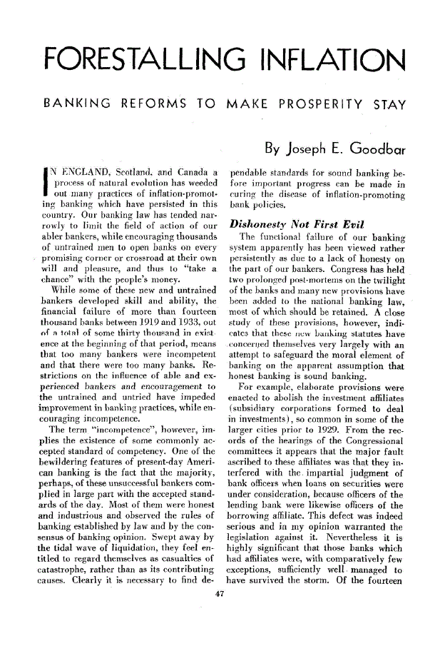 First page of Forestalling Inflation<subtitle>Banking Reforms to Make Prosperity Stay</subtitle>