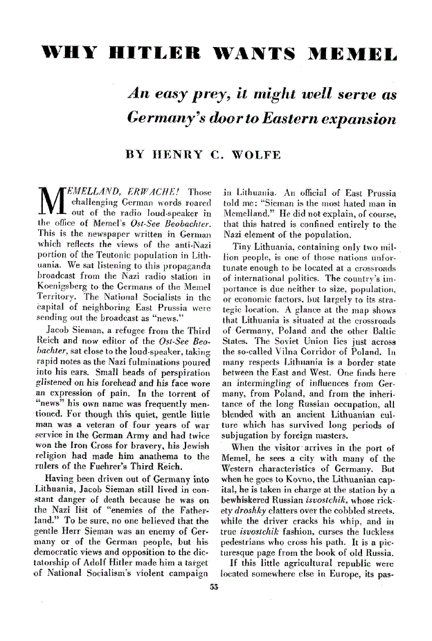 First page of Why Hitler Wants Memel<subtitle>An easy prey, it might well serve as Germany’s door to Eastern expansion</subtitle>