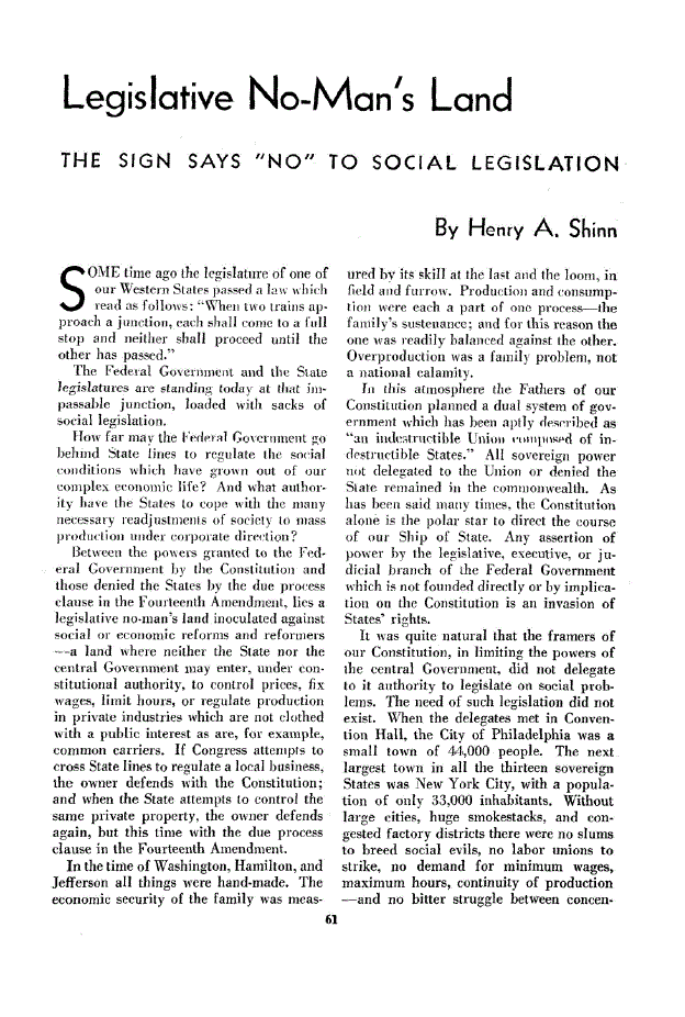 First page of Legislative No-Man’s Land<subtitle>The Sign Says “No” to Social Legislation</subtitle>