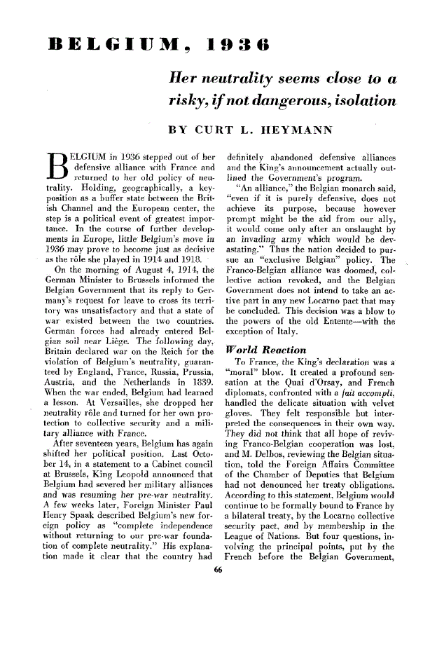 First page of Belgium, 1936<subtitle>Her neutrality seems close to a risky, if not dangerous, isolation</subtitle>