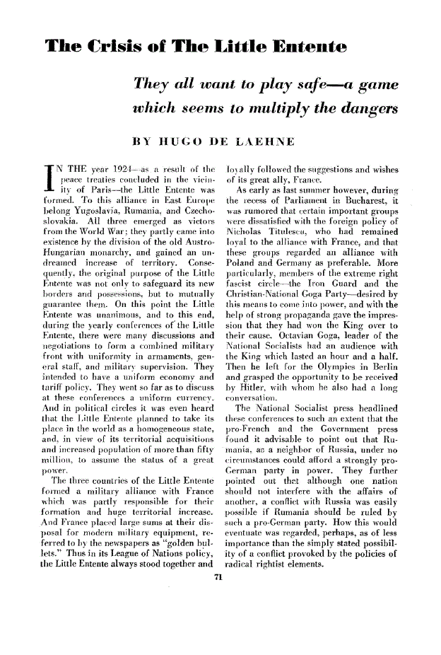 First page of The Crisis of The Little Entente<subtitle>They all want to play safe—a game which seems to multiply the dangers</subtitle>