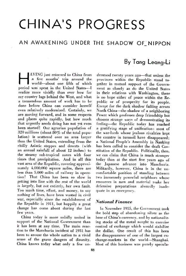 First page of China’s Progress<subtitle>An Awakening Under The Shadow of_Nippon</subtitle>