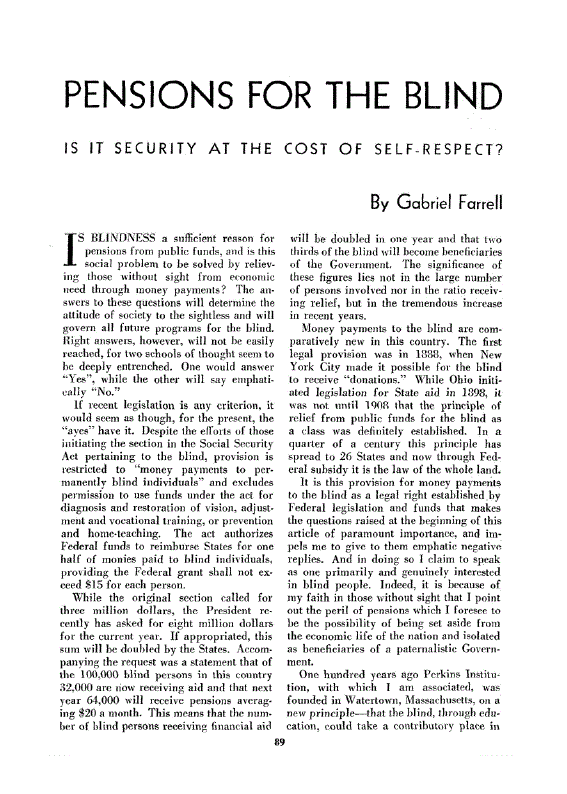 First page of Pensions for the Blind<subtitle>Is it Security at the Cost of Self-Respect?</subtitle>