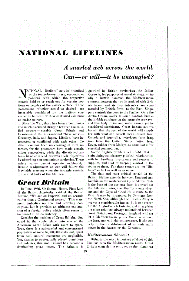 First page of National Lifelines<subtitle>A snarled web across the world Can—or will—it be untangled?</subtitle>