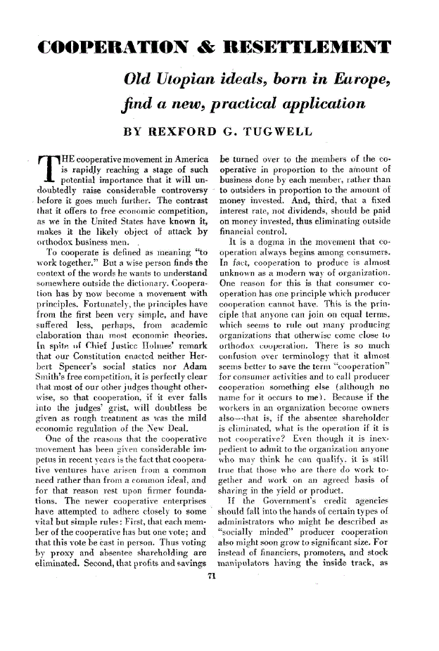 First page of Cooperation ＆ Resettlement<subtitle>Old Utopian ideals, born in Europe, find a new, practical application</subtitle>