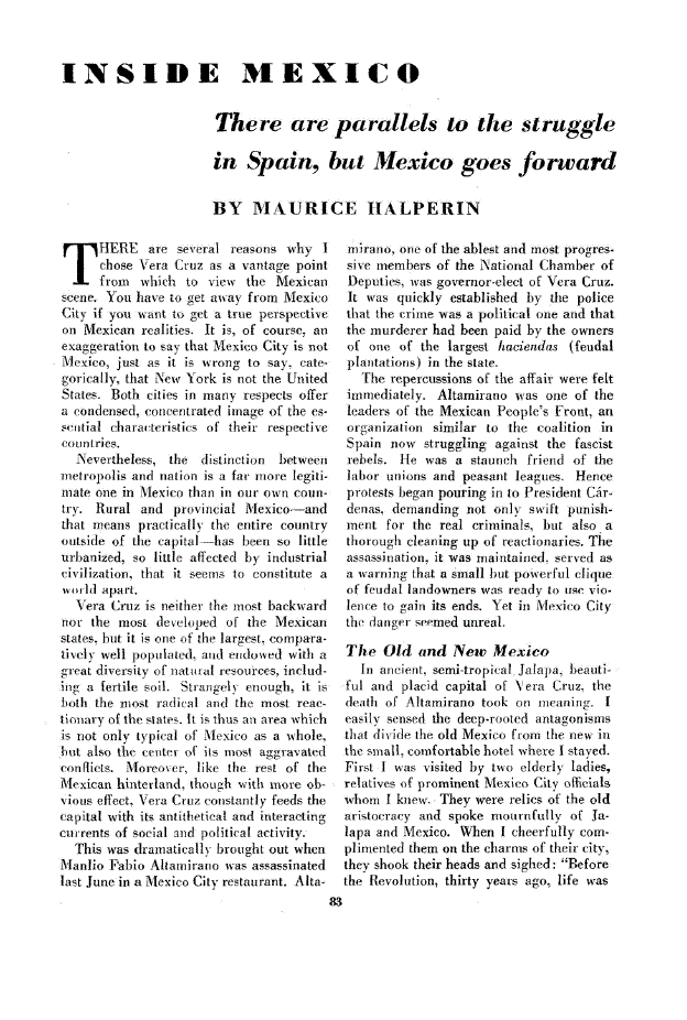 First page of Inside Mexico<subtitle>There are parallels to the struggle in Spain, but Mexico goes forward</subtitle>