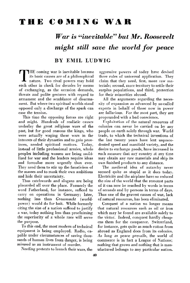 First page of The Coming War<subtitle>War is “inevitable” but Mr. Roosevelt might still save the world for peace</subtitle>