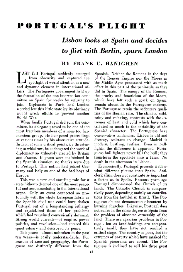 First page of Portugal’s Plight<subtitle>Lisbon looks at Spain and decides to flirt with Berlin, spurn London</subtitle>