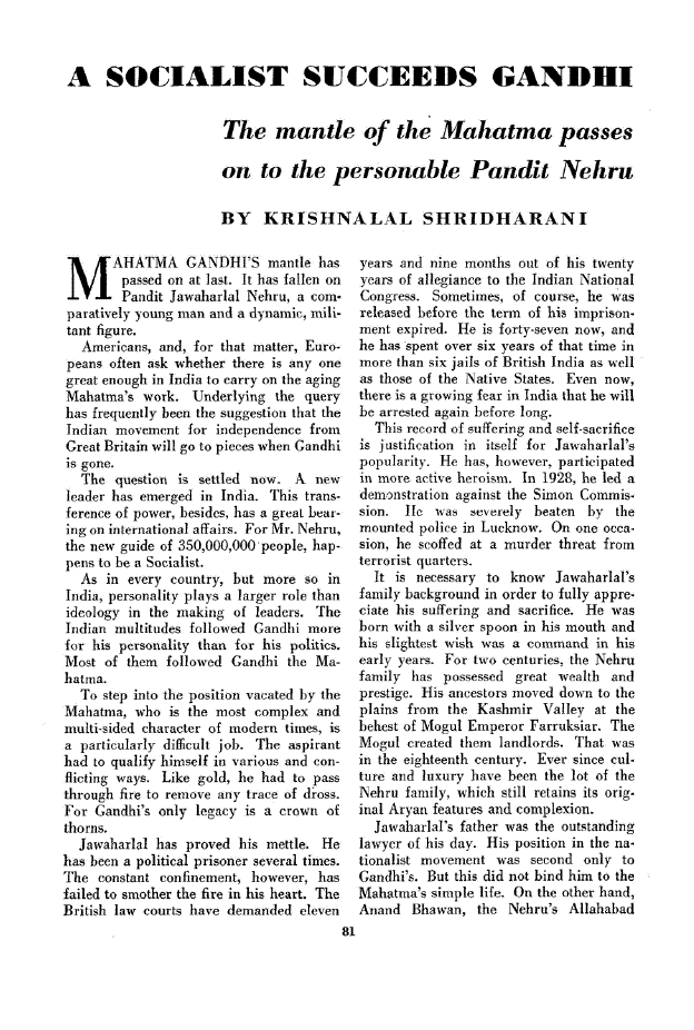 First page of A Socialist Succeeds Gandhi<subtitle>The mantle of the Mahatma passes on to the personable Pandit Nehru</subtitle>