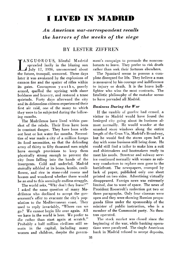 First page of I Lived in Madrid<subtitle>An American war-correspondent recalls the horrors of the weeks of the siege</subtitle>