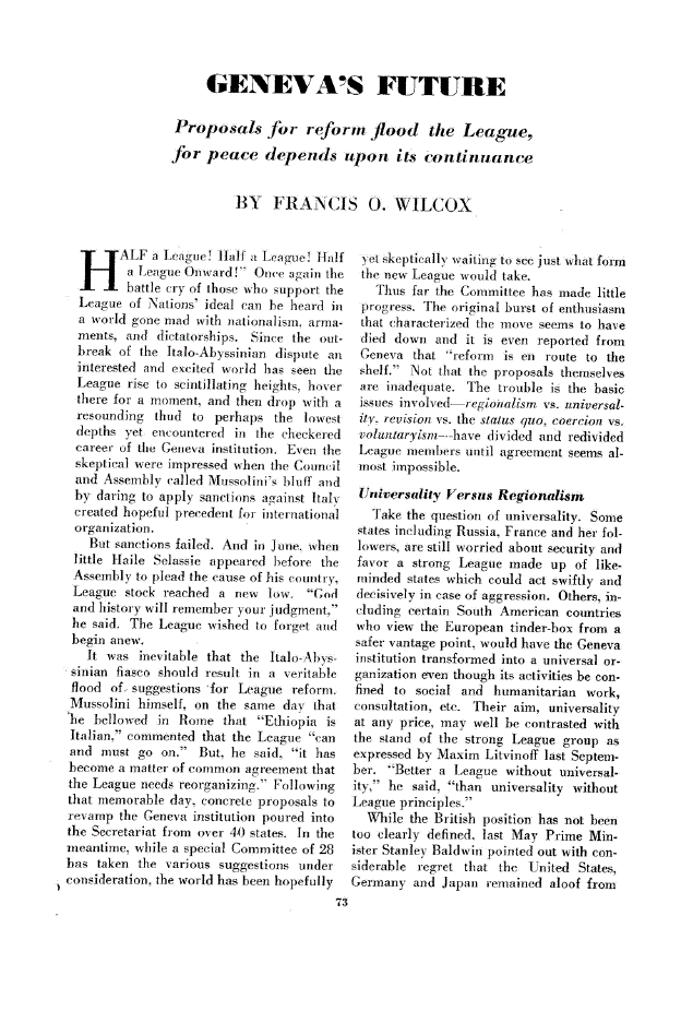 First page of Geneva’s Future<subtitle>Proposals for reform food the League, for peace depends upon its continuance</subtitle>