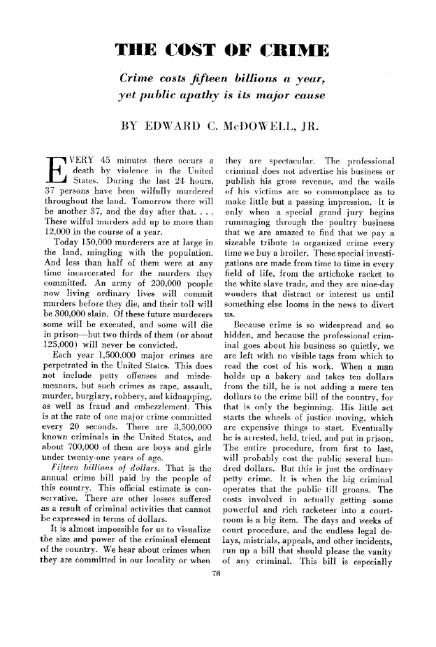 First page of The Cost of Crime<subtitle>Crime costs fifteen billions a year, yet public apathy is its major cause</subtitle>