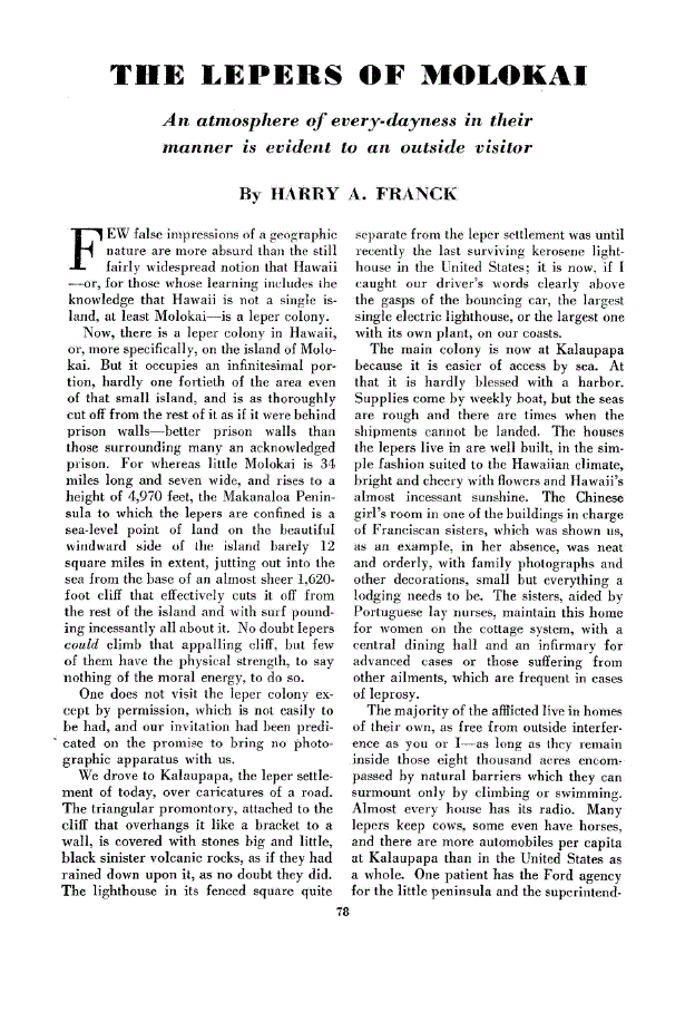 First page of The Lepers Of Molokai<subtitle>An atmosphere of every-dayness in their manner is evident to an outside visitor</subtitle>