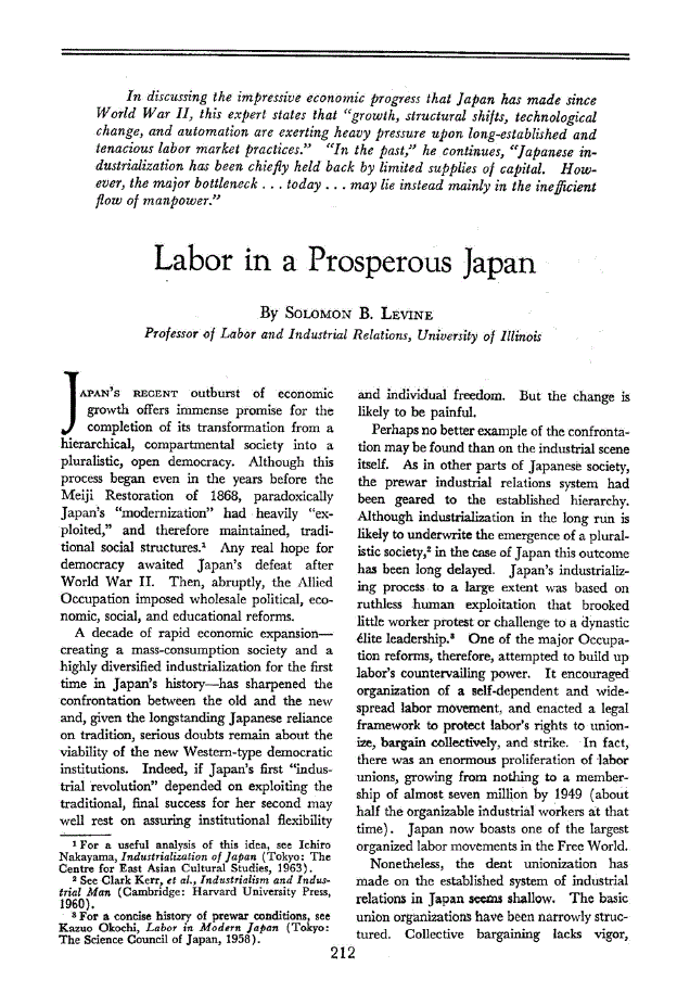 First page of Labor in a Prosperous Japan