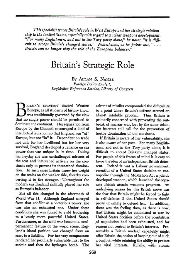 First page of Britain’s Strategic Role