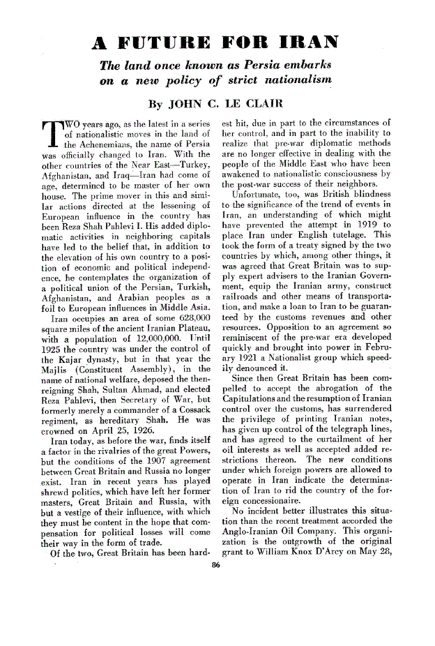 First page of A Future For Iran The land once known as Persia embarks on a new policy of strict nationalism