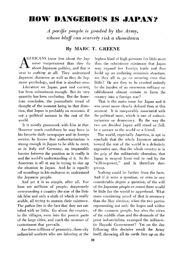 First page of How Dangerous is Japan?<subtitle>A pacific people is goaded by the Army, whose bluff can scarcely risk a showdown</subtitle>