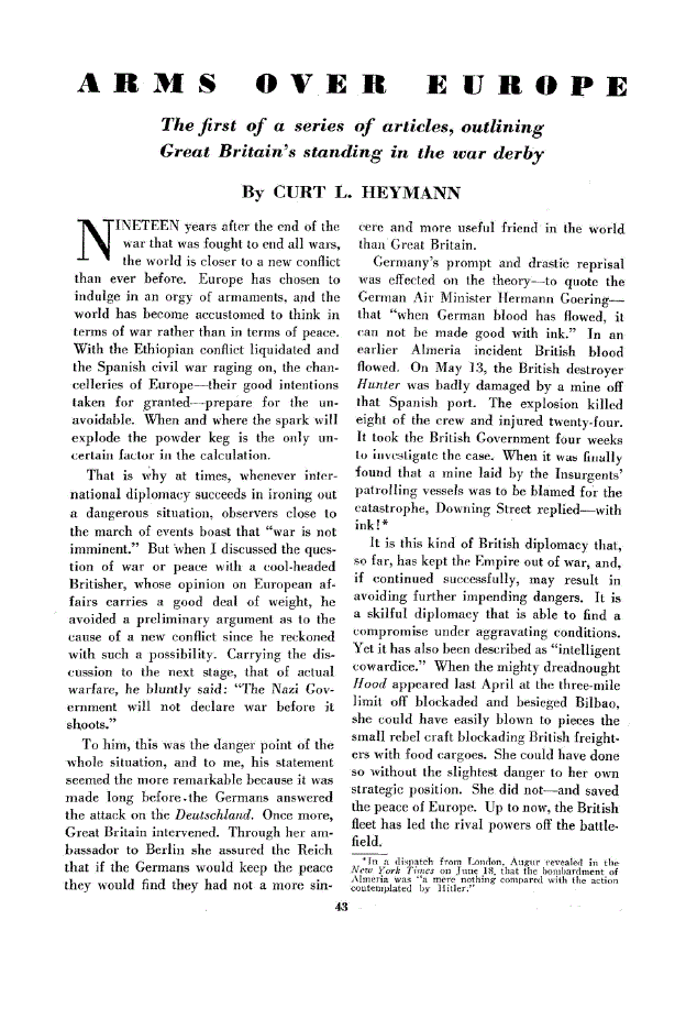 First page of Arms Over Europe<subtitle>The first of a series of articles, outlining Great Britain’s standing in the war derby</subtitle>