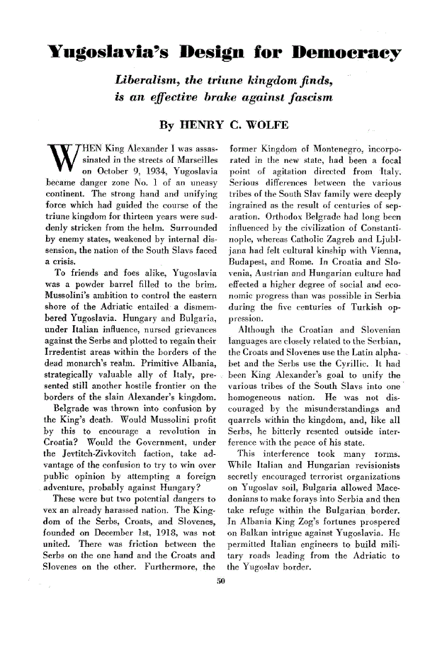 First page of Yugoslavia’s Design For Democracy<subtitle>Liberalism, the triune kingdom finds, is an effective brake against fascism</subtitle>