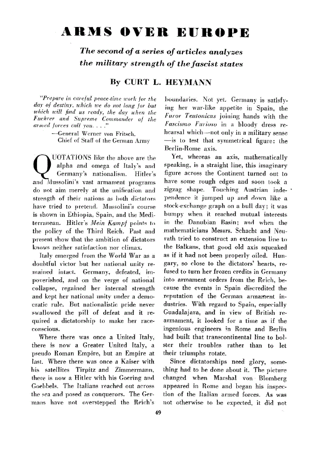 First page of Arms Over Europe<subtitle>The second of a series of articles analyses the military strength of the fascist states</subtitle>