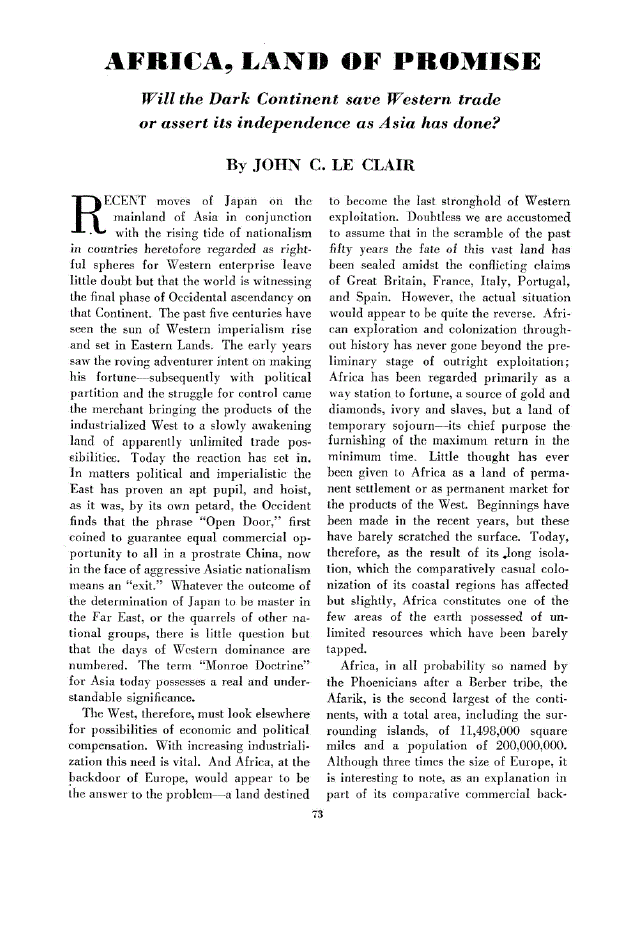 First page of Africa, Land of Promise<subtitle>Will the Dark Continent save Western trade or assert its independence as Asia has done?</subtitle>
