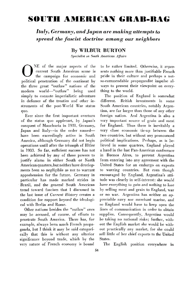 First page of South American Grab-Bag<subtitle>Italy, Germany, and Japan are making attempts to spread the fascist doctrine among our neighbors</subtitle>