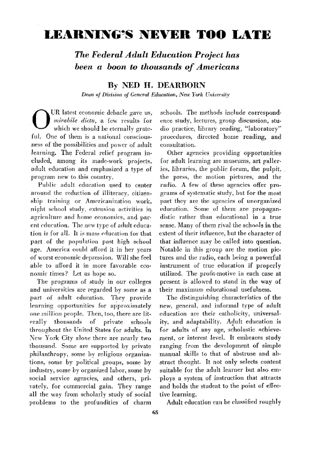 First page of Learning’s Never Too Late<subtitle>The Federal Adult Education Project has been a boon to thousands of Americans</subtitle>