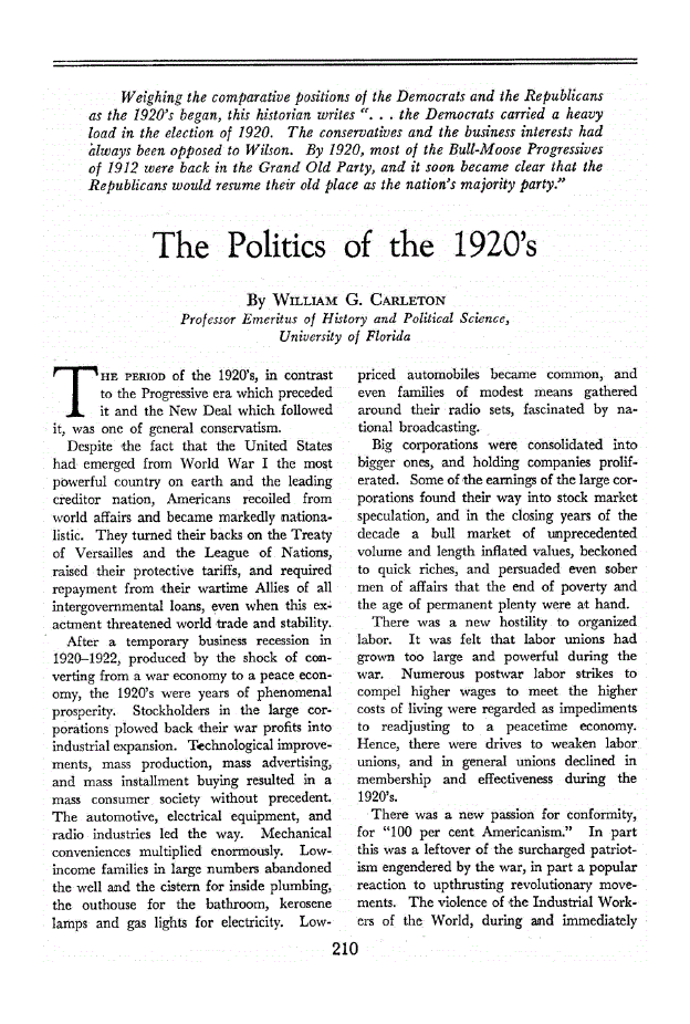 First page of The Politics of the 1920’s