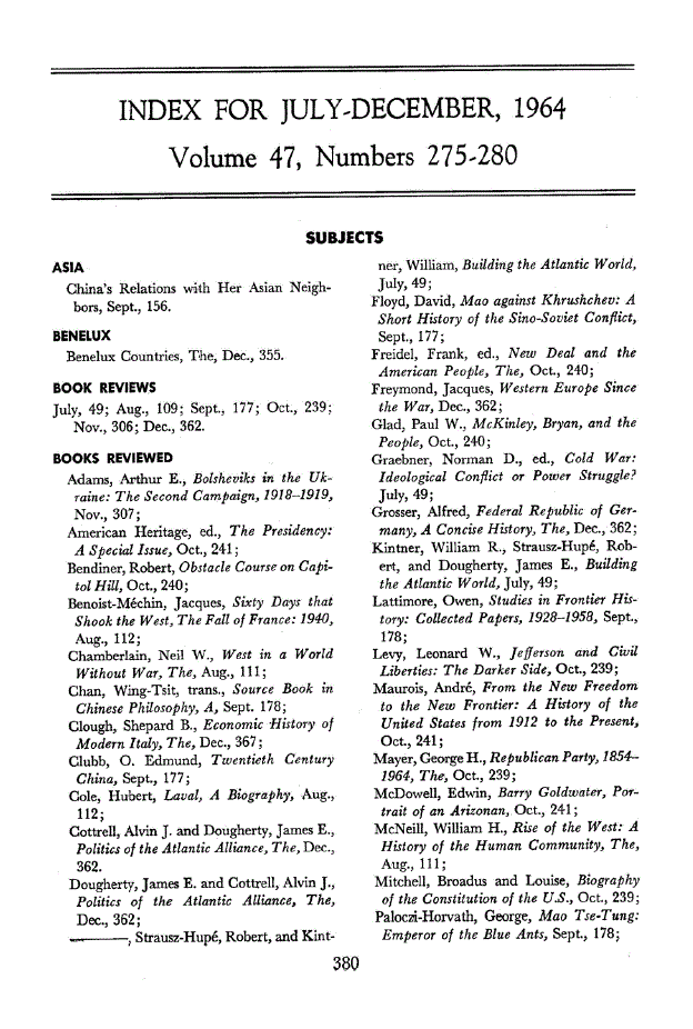 First page of Index for July-December, 1964 Volume 47, Numbers 275-280