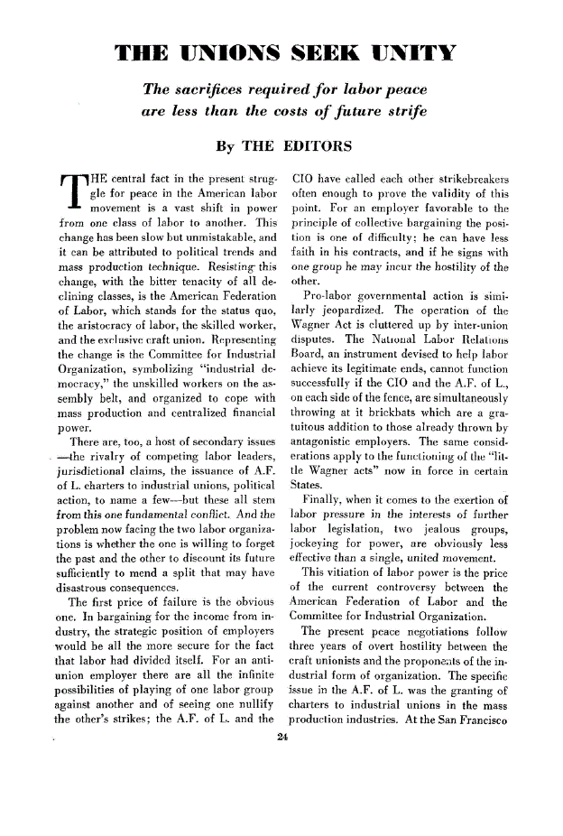 First page of The Unions Seek Unity<subtitle>The sacrifices required for labor peace are less than the costs of future strife</subtitle>