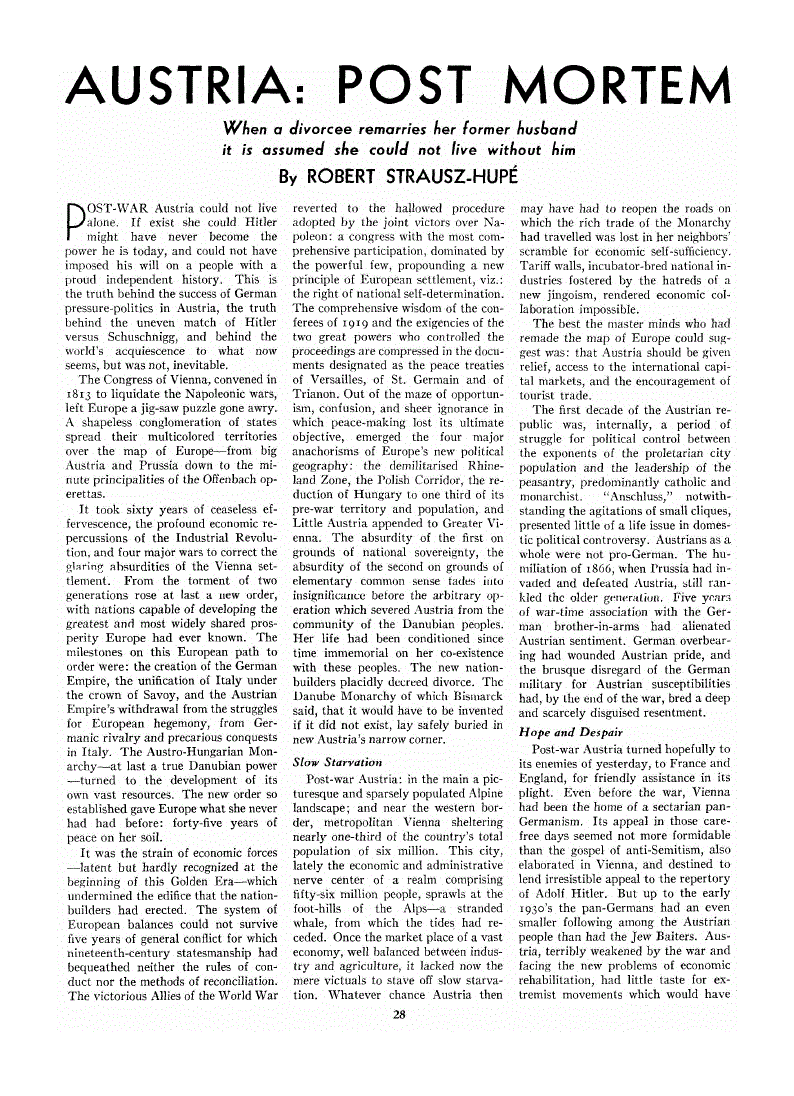 First page of Austria: Post Mortem<subtitle>When a divorcee remarries her former husband it is assumed she could not live without him</subtitle>