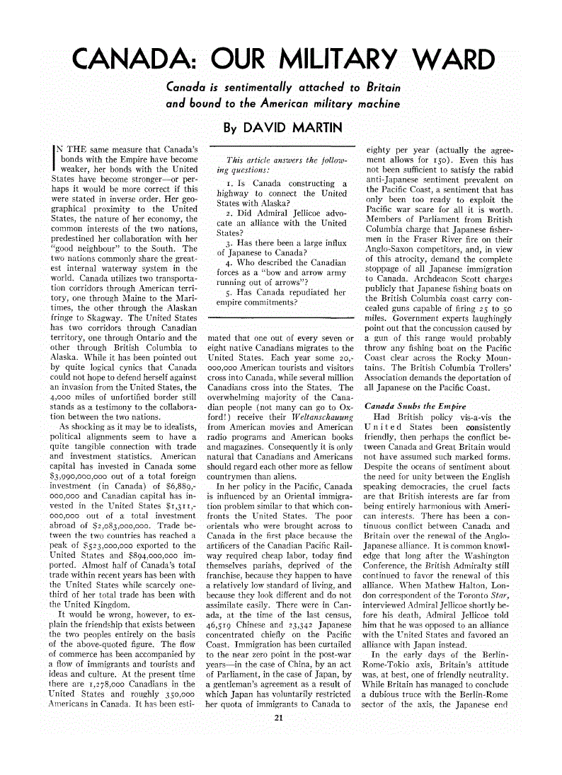First page of Canada: Our Military Ward<subtitle>Canada is sentimentally attached to Britain and bound to the American military machine</subtitle>