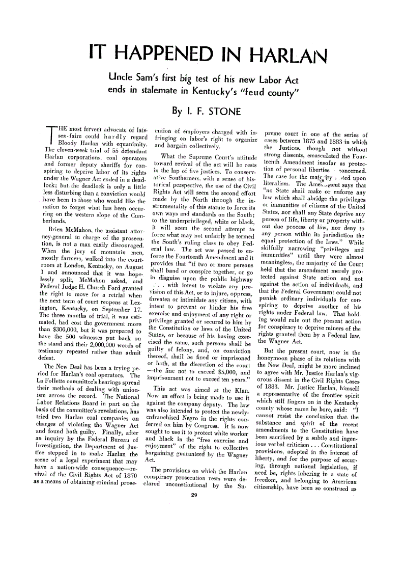 First page of It Happened in Harlan<subtitle>Uncle Sam’s first big test of his new Labor Act ends In stalemate In Kentucky’s “feud county”</subtitle>