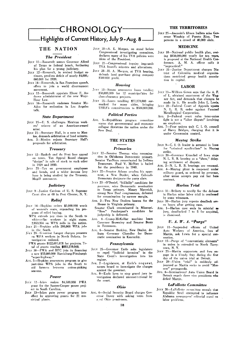 First page of Chronology<subtitle>Highlights of Current History, July 9 – Aug. 8</subtitle>