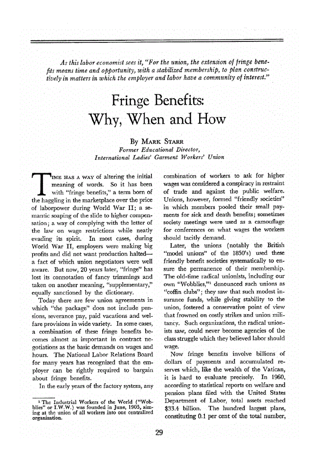 First page of Fringe Benefits<subtitle>Why, When and How</subtitle>