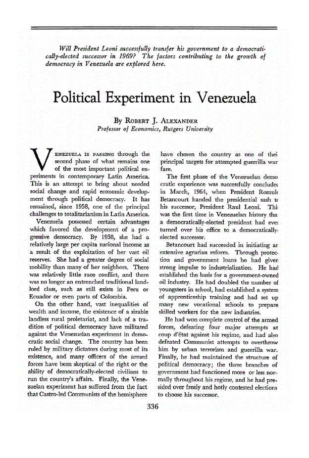 First page of Political Experiment in Venezuela