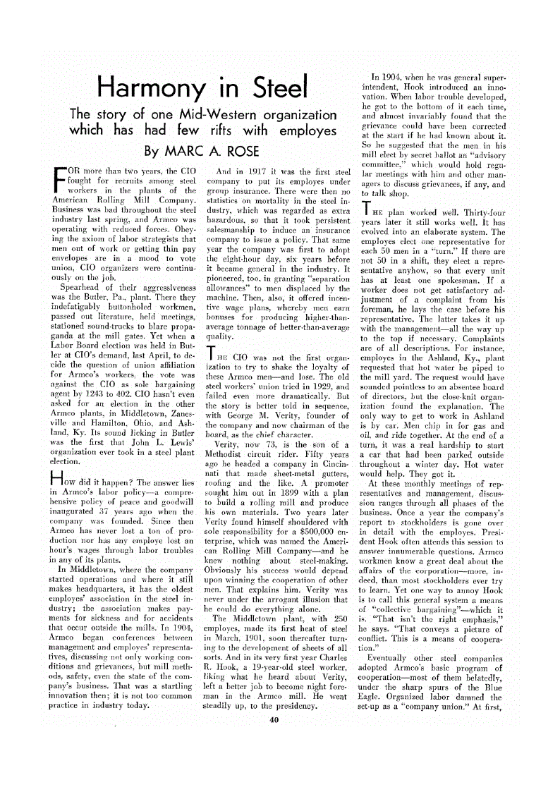 First page of Harmony in Steel<subtitle>The story of one Mid-Western organization which has had few rifts with employes</subtitle>