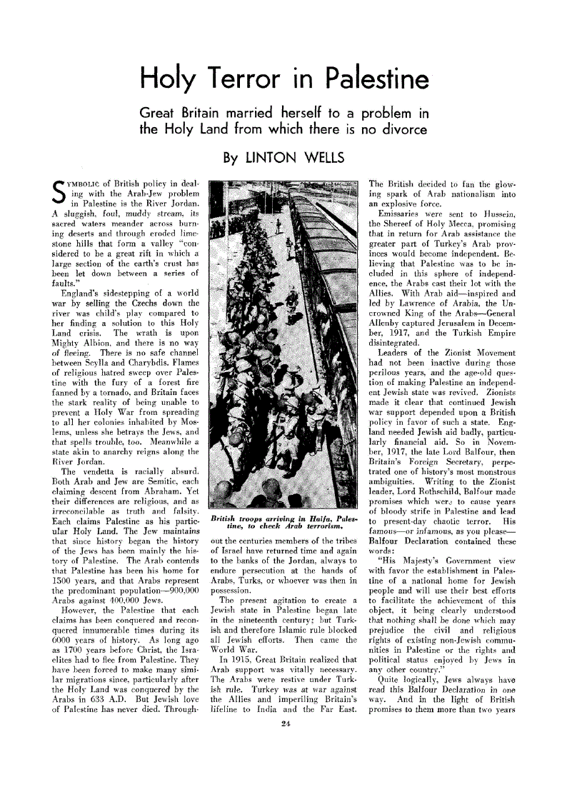 First page of Holy Terror in Palestine<subtitle>Great Britain married herself to a problem in the Holy Land from which there is no divorce</subtitle>