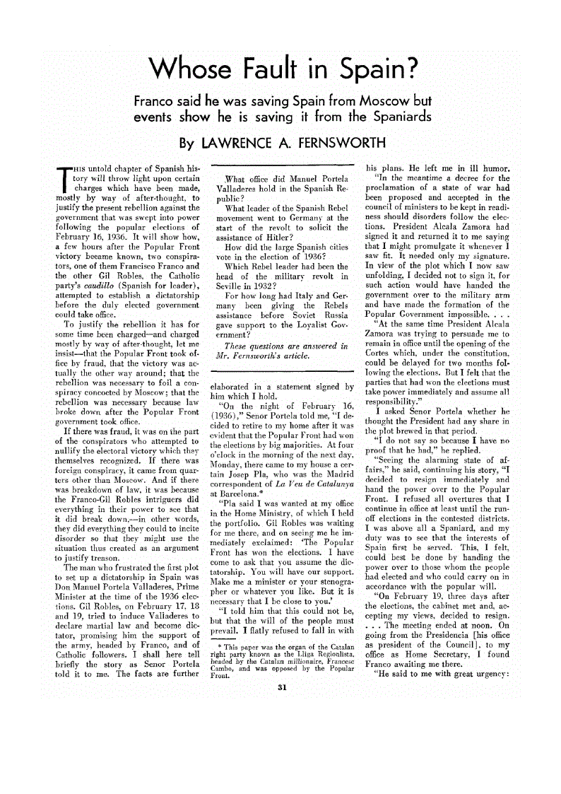 First page of Whose Fault in Spain?<subtitle>Franco said he was saving Spain from Moscow but events show he is saving it from the Spaniards</subtitle>