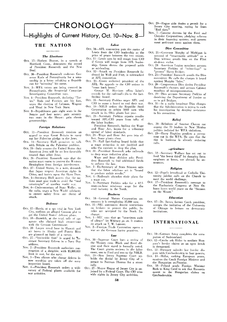 First page of Chronology<subtitle>Highlights of Current History, Oct. 10–Nov. 8</subtitle>