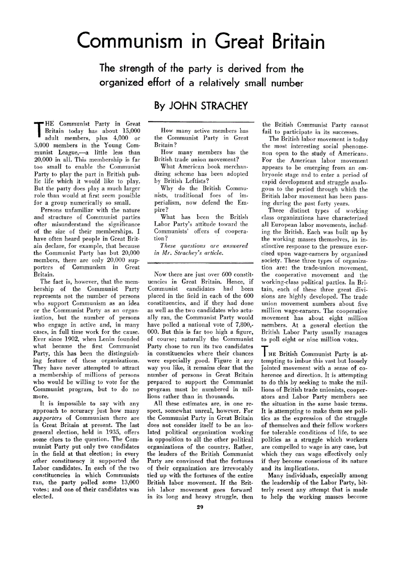 First page of Communism in Great Britain<subtitle>The strength of the party is derived from the organized effort of a relatively small number</subtitle>