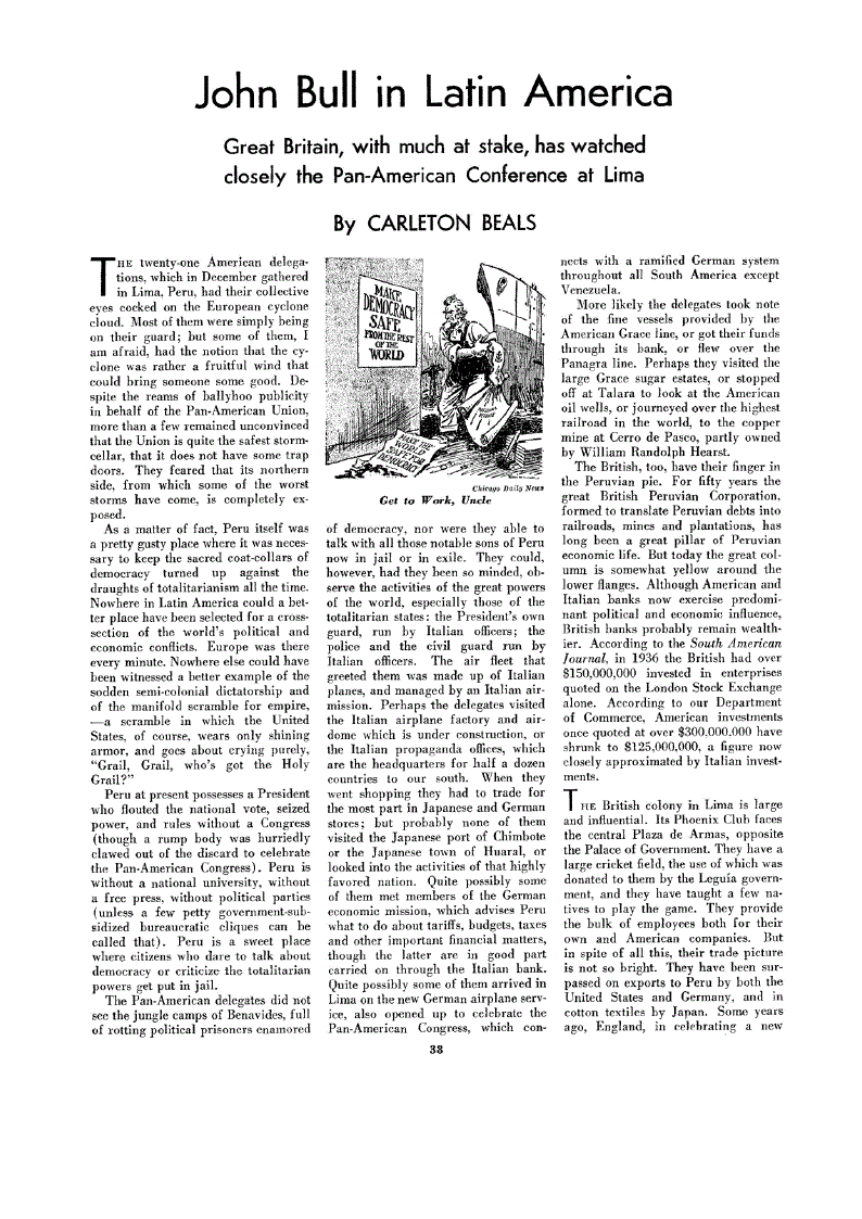 First page of John Bull in Latin America<subtitle>Great Britain, with much at stake, has watched closely the Pan-American Conference at Lima</subtitle>