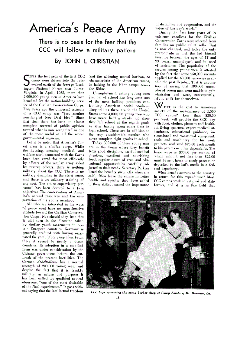 First page of America’s Peace Army<subtitle>There is no basis for the fear that the CCC will follow a military pattern</subtitle>
