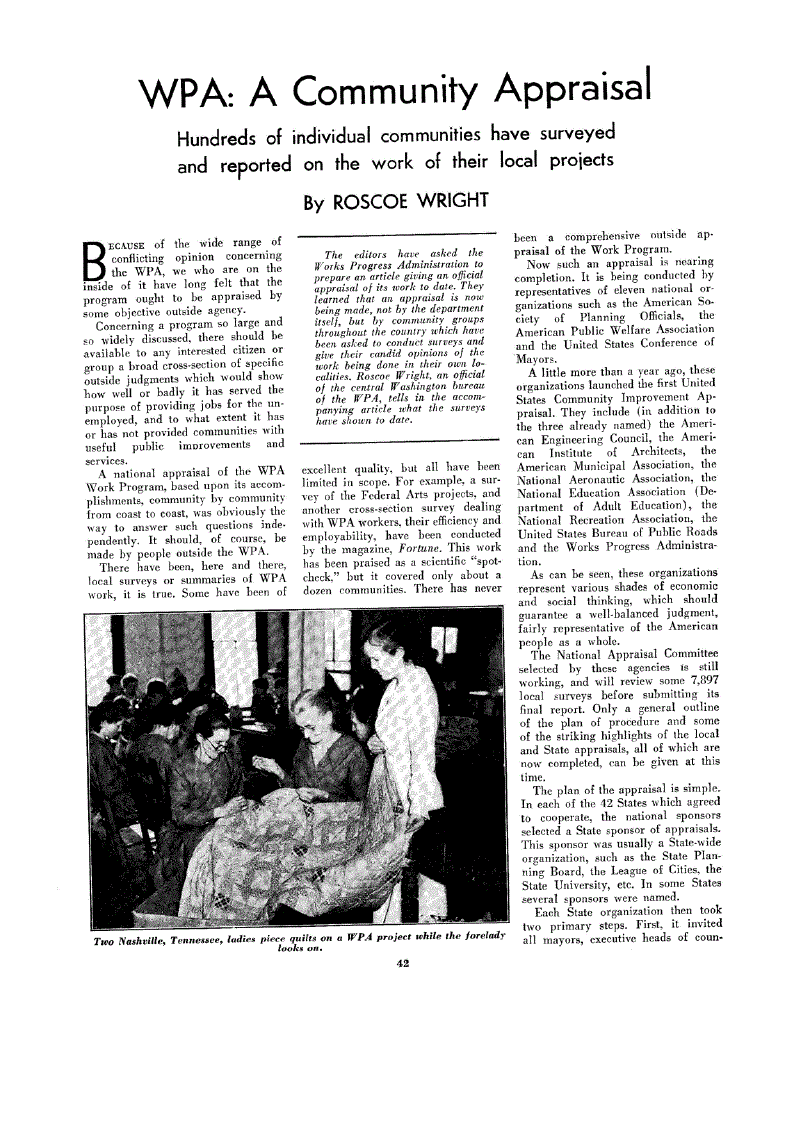 First page of WPA: A Community Appraisal<subtitle>Hundreds of individual communities have surveyed and reported on the work of their local projects</subtitle>