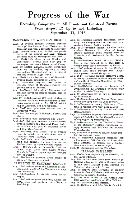 First page of Progress of the War<subtitle>Recording Campaigns on all Fronts and Collateral Events from August 12 Up to and Including September 11, 1916</subtitle>