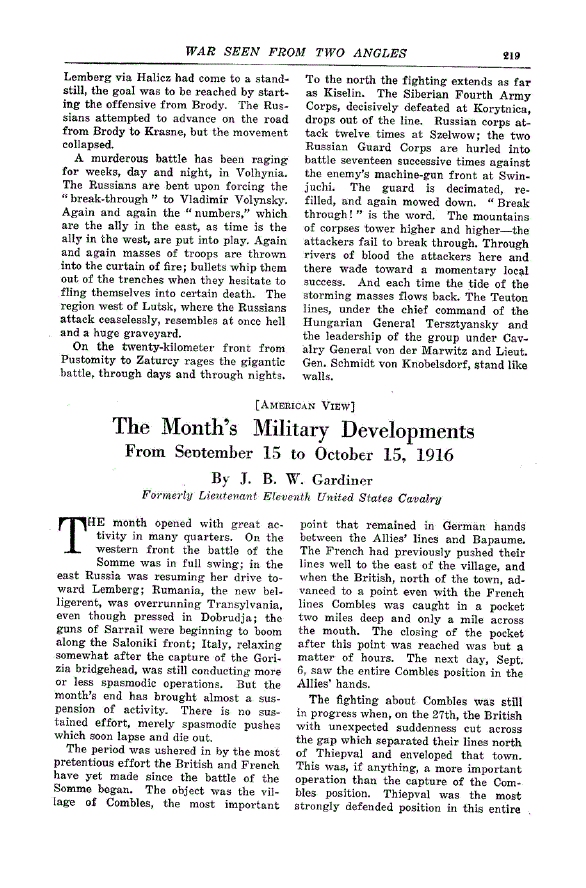 First page of The Month’s Military Developments from Seotember 15 to October 15, 1916
