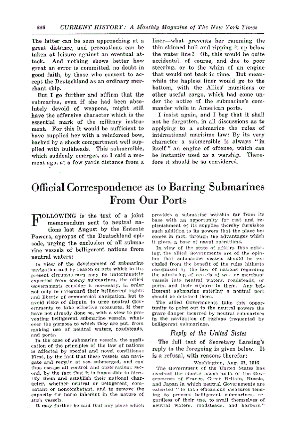 First page of Official Correspondence as to Barring Submarines from our Ports